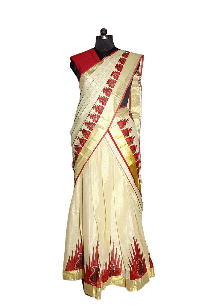 Maroon Temple Design Kerala Tissue Kasavu Dhavani Set.