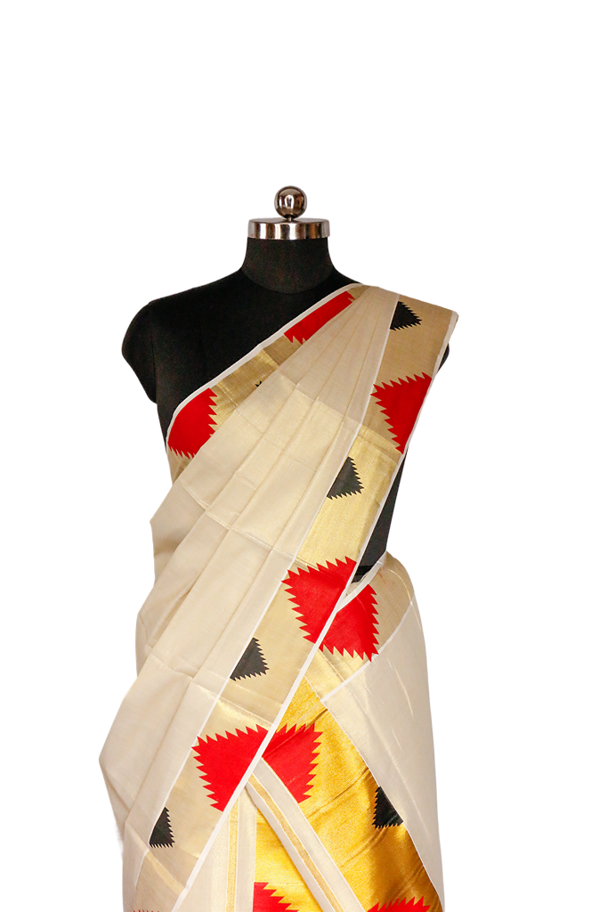 Border Komma Print Golden Tissue Set Mundu