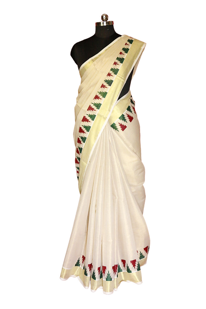 Red and Green Temple Designe Kerala Tissue Kasavu Saree