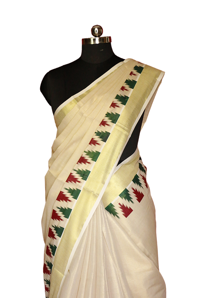 Red and Green Temple Designe Kerala Tissue Kasavu Saree