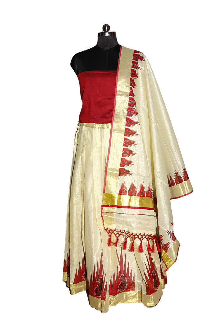 Maroon Temple Design Kerala Tissue Kasavu Dhavani Set.
