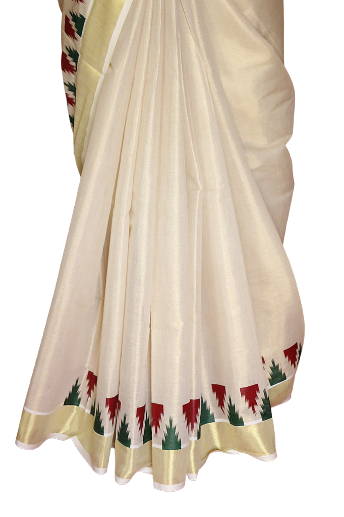 Red and Green Temple Designe Kerala Tissue Kasavu Saree