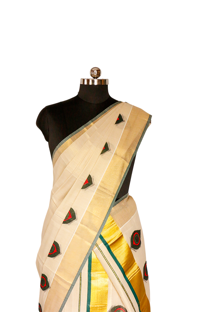 Peacock Feather Print Tissue Set Mundu.