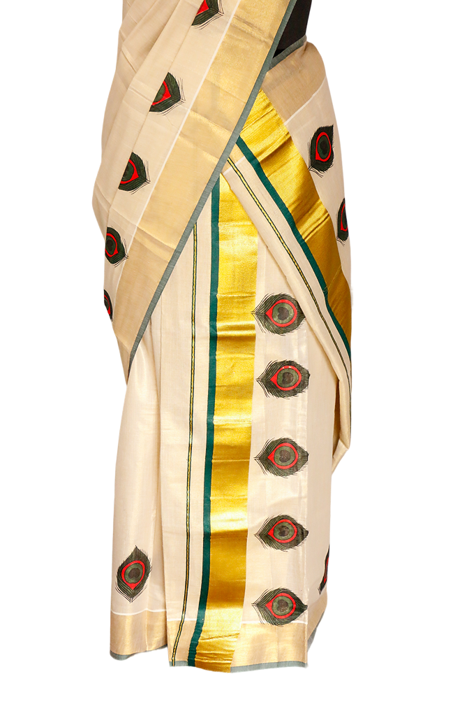 Peacock Feather Print Tissue Set Mundu.