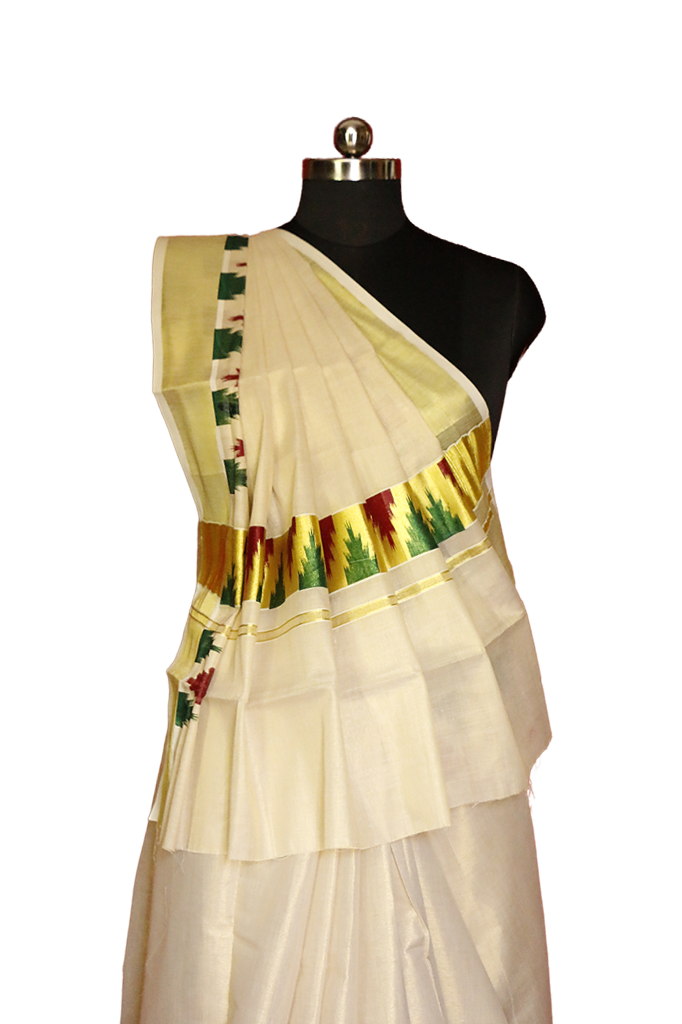 Red and Green Temple Designe Kerala Tissue Kasavu Saree