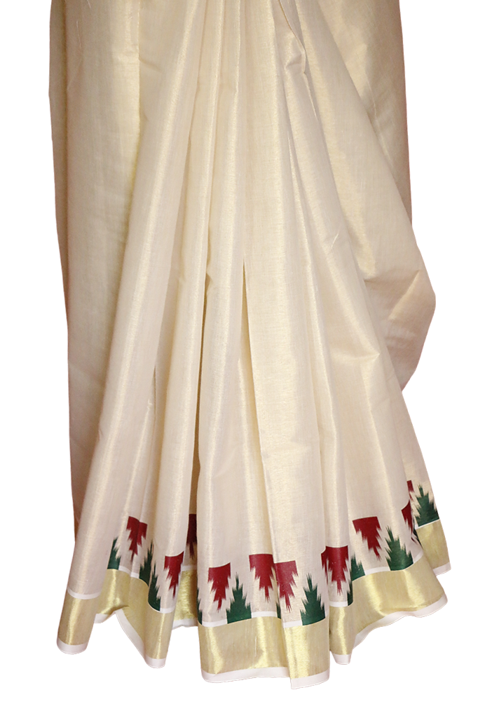 Red and Green Temple Designe Kerala Tissue Kasavu Saree