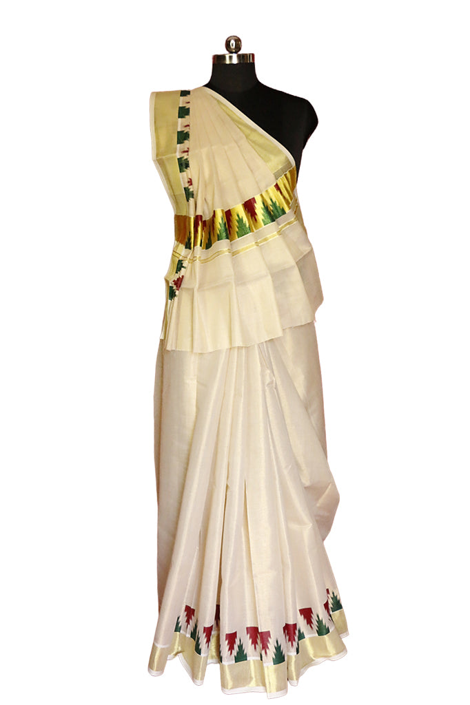 Red and Green Temple Designe Kerala Tissue Kasavu Saree