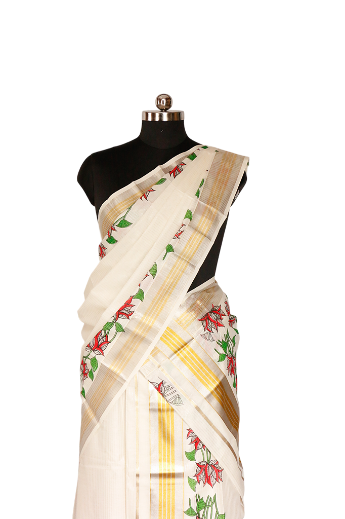 Flower and leaf- print Silver Cotton Set Mundu.