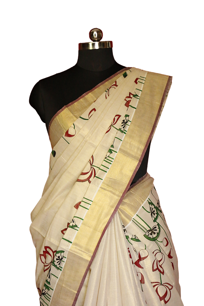 Maroon and Green Lotus Bud & Leaf Printed Kerala Tissue Kasavu Saree