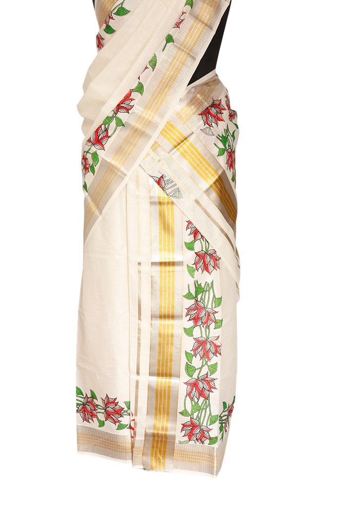 Flower and leaf- print Silver Cotton Set Mundu.