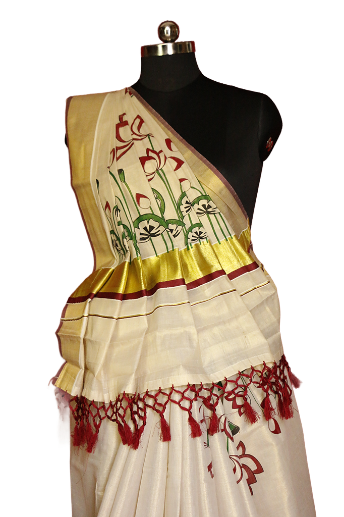 Maroon and Green Lotus Bud & Leaf Printed Kerala Tissue Kasavu Saree