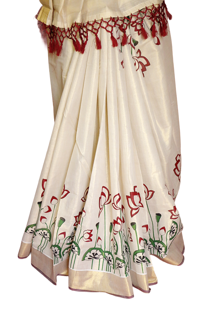 Maroon and Green Lotus Bud & Leaf Printed Kerala Tissue Kasavu Saree