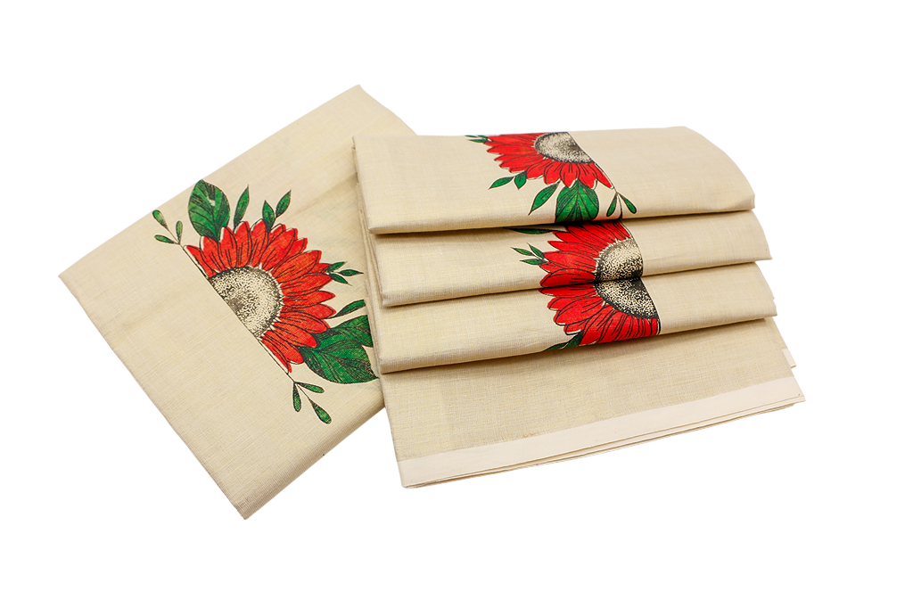 Sunflower Print Golden Tissue Set Mundu