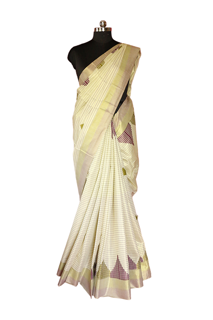 Olive Green and Violet Temple Print With Stripes Kerala Tissue Kasavu Saree