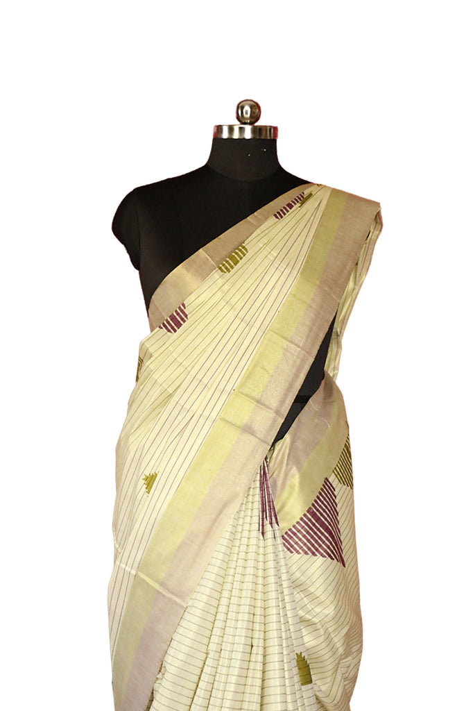 Olive Green and Violet Temple Print With Stripes Kerala Tissue Kasavu Saree