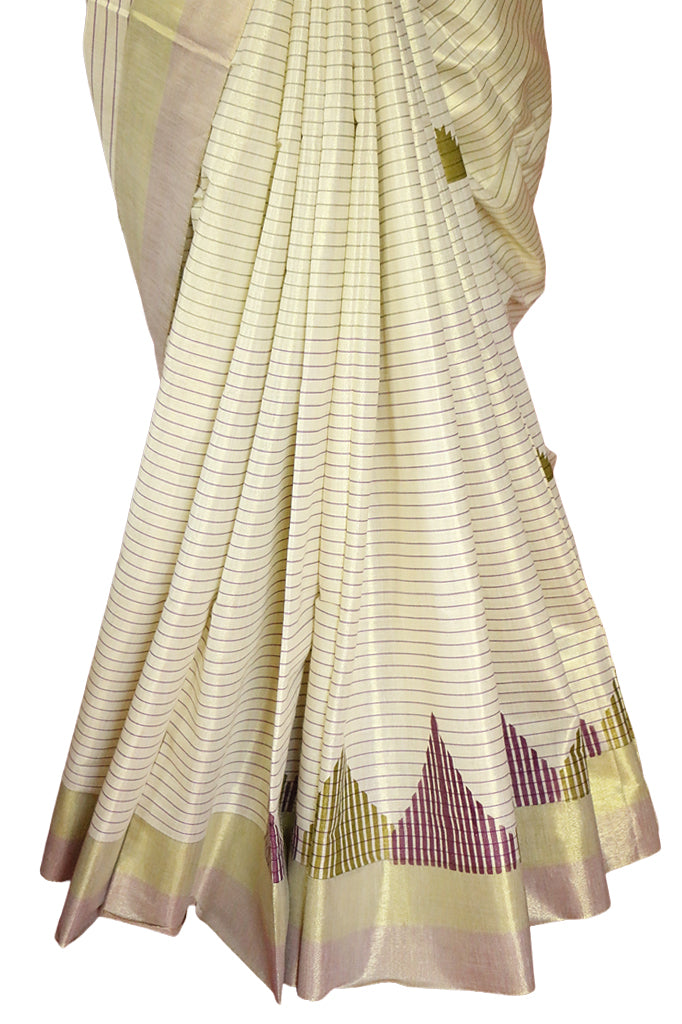 Olive Green and Violet Temple Print With Stripes Kerala Tissue Kasavu Saree