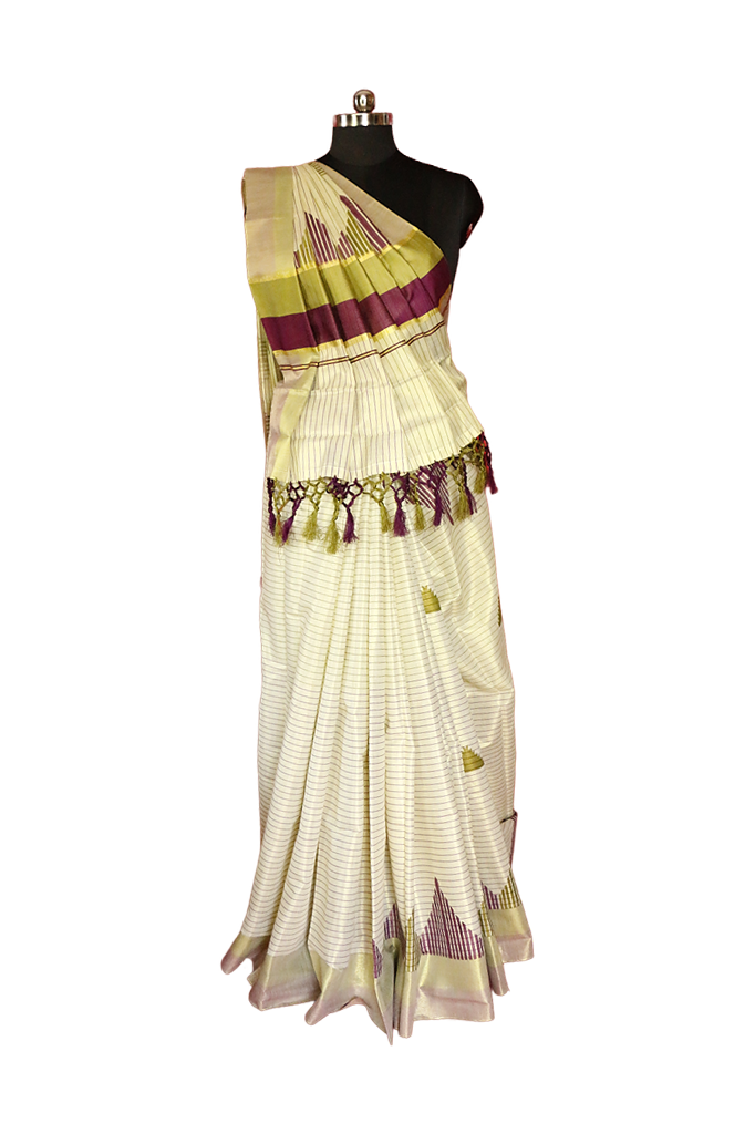 Olive Green and Violet Temple Print With Stripes Kerala Tissue Kasavu Saree