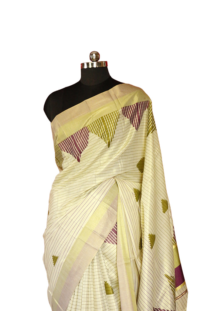 Olive Green and Violet Temple Print With Stripes Kerala Tissue Kasavu Saree