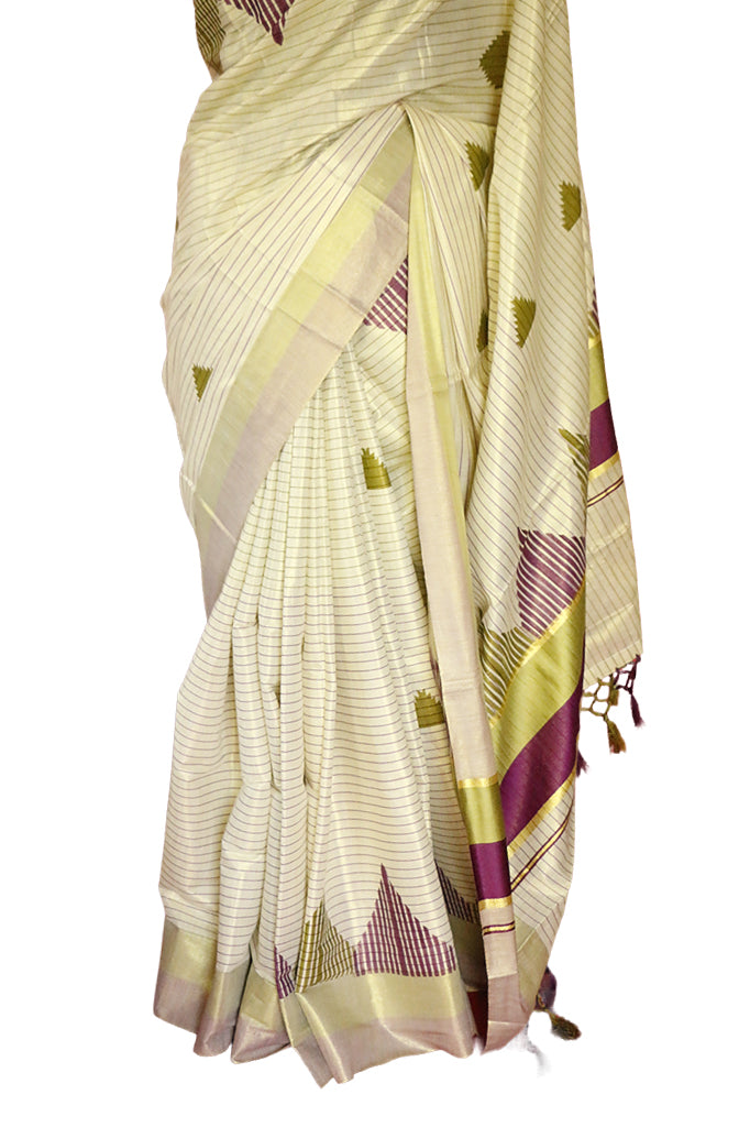 Olive Green and Violet Temple Print With Stripes Kerala Tissue Kasavu Saree