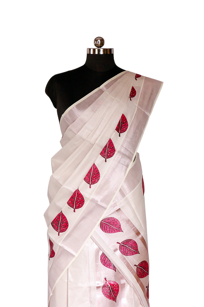 Autumn Leaves Kerala Rose Tissue Set Mundu