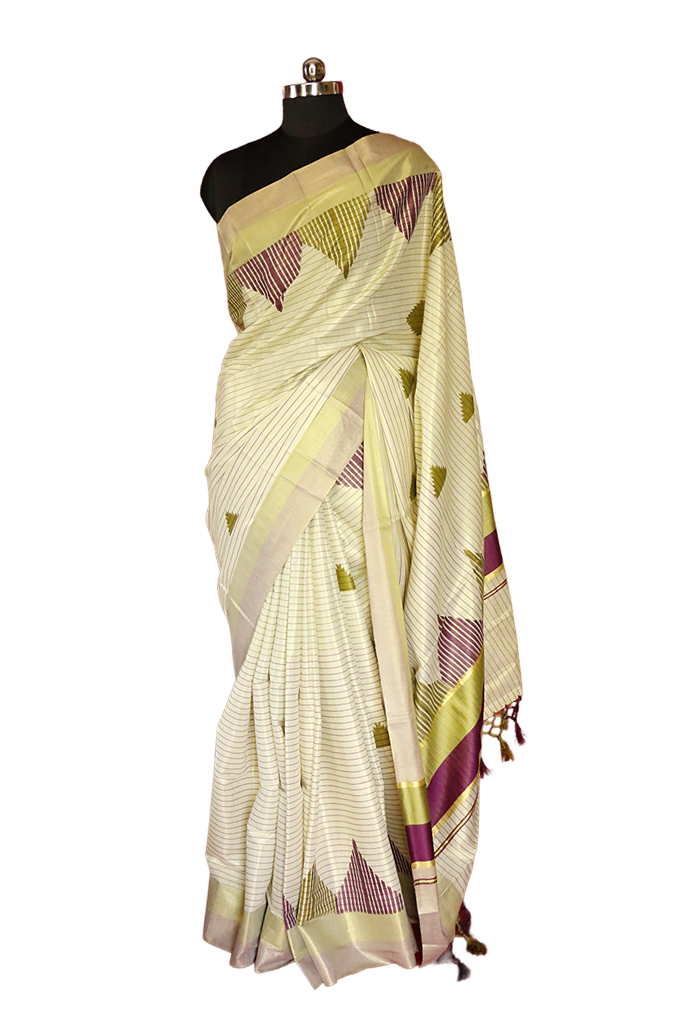 Olive Green and Violet Temple Print With Stripes Kerala Tissue Kasavu Saree