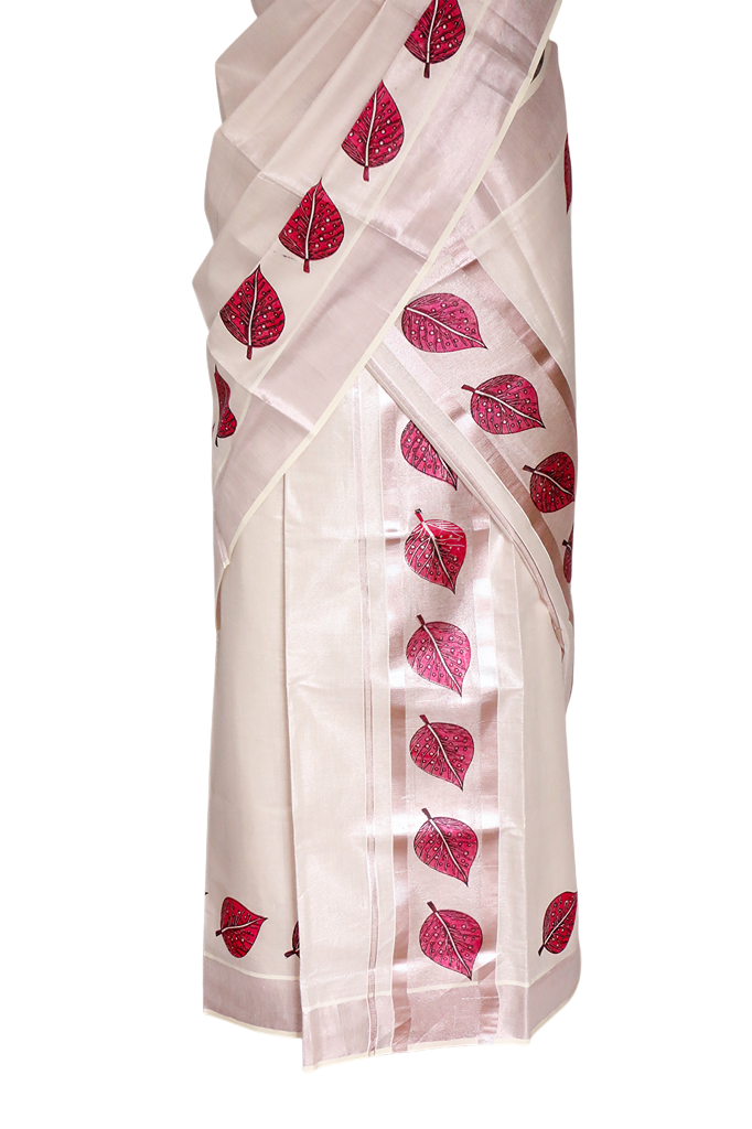 Autumn Leaves Kerala Rose Tissue Set Mundu