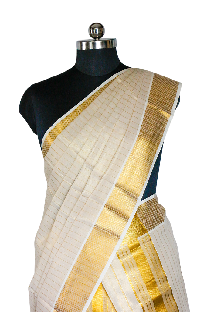 White and yellow saree on a mannequin with a white background