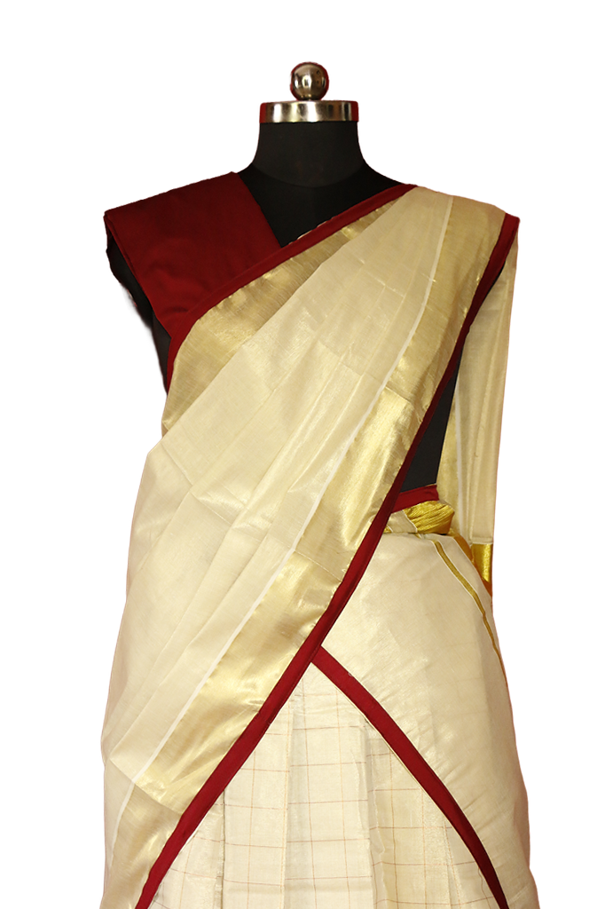 Checked Kerala Traditional Tissue Kasavu Dhavani Set
