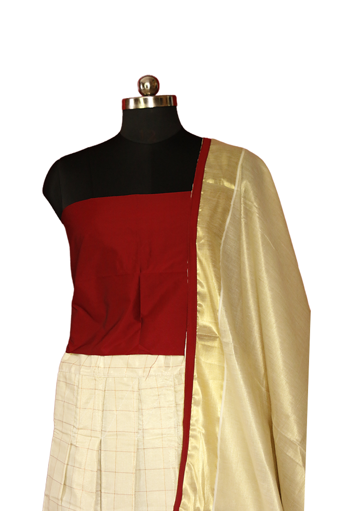 Checked Kerala Traditional Tissue Kasavu Dhavani Set