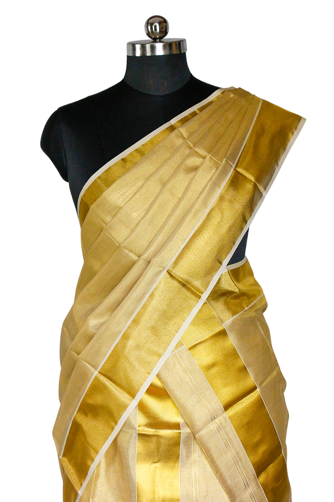Gold saree on a mannequin with a white background