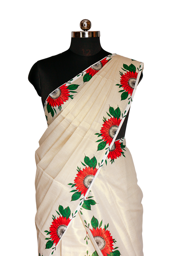 Sunflower Print Golden Tissue Set Mundu
