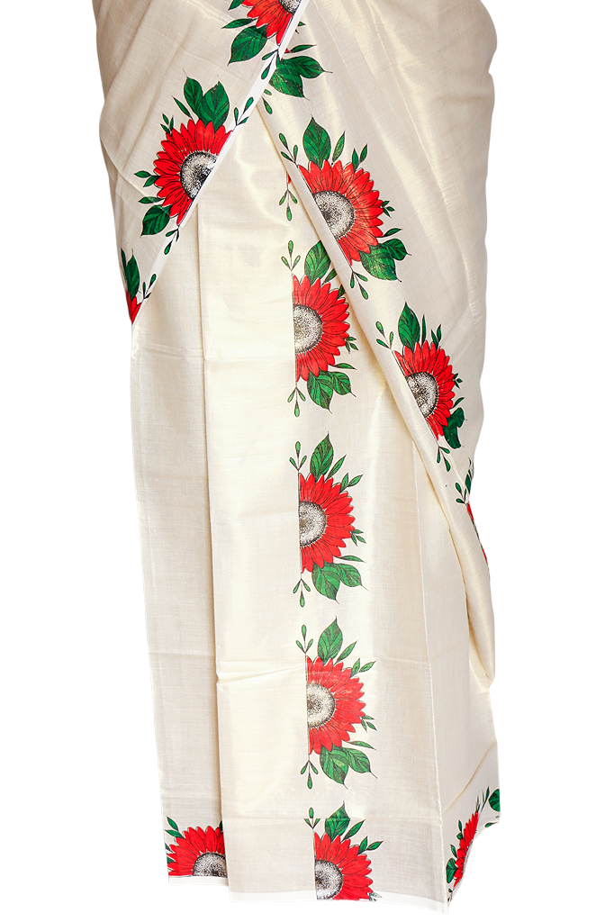 Sunflower Print Golden Tissue Set Mundu