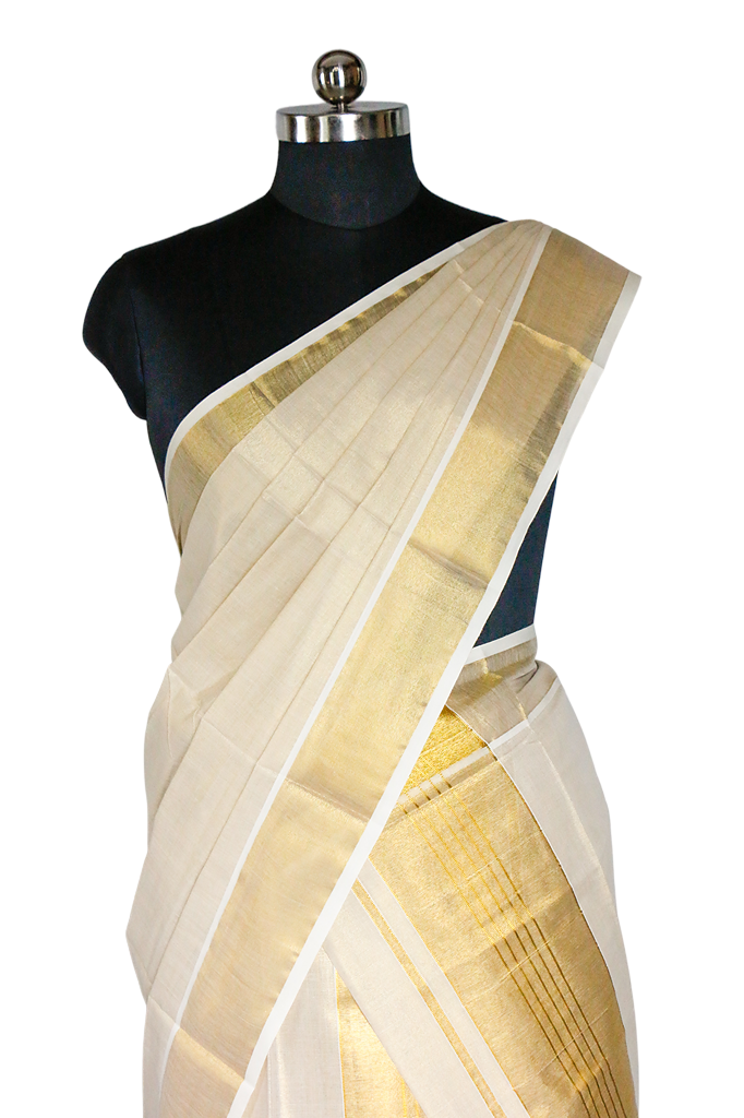 Mannequin wearing a cream and gold saree with a white background