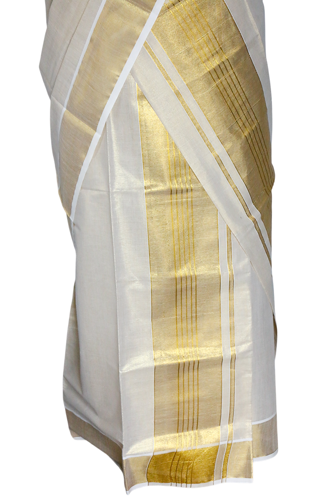 White saree with gold border and patterns on a white background
