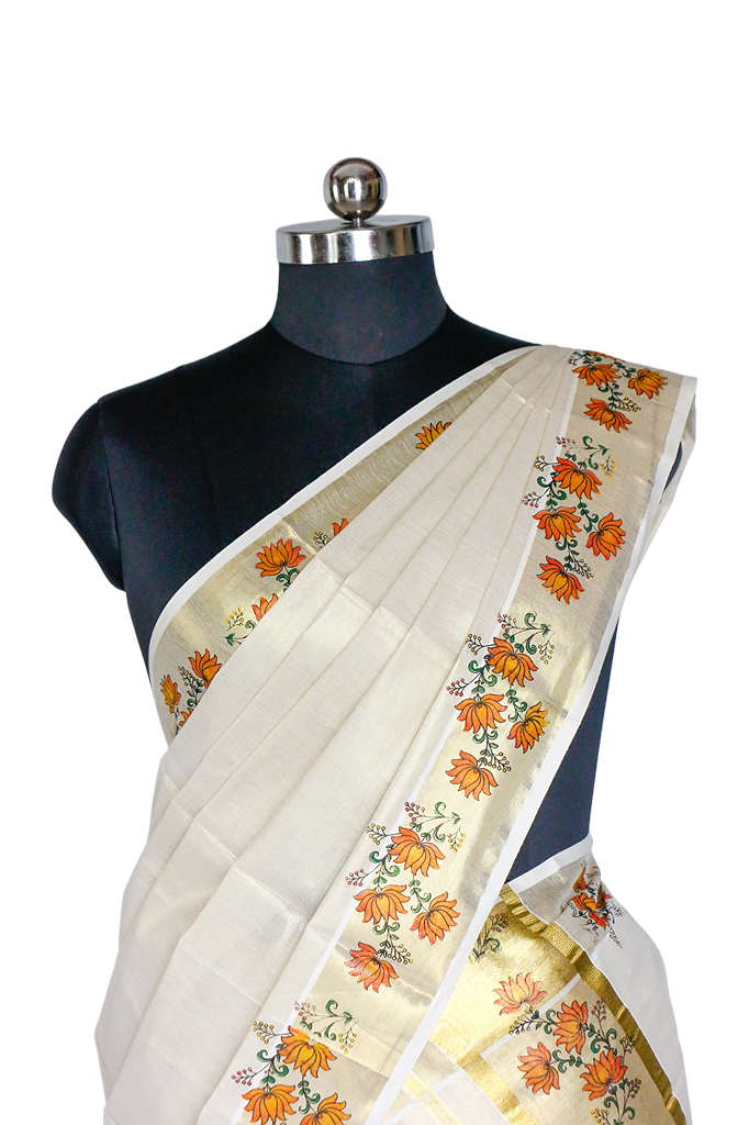 White saree with floral patterns on a mannequin against a white background