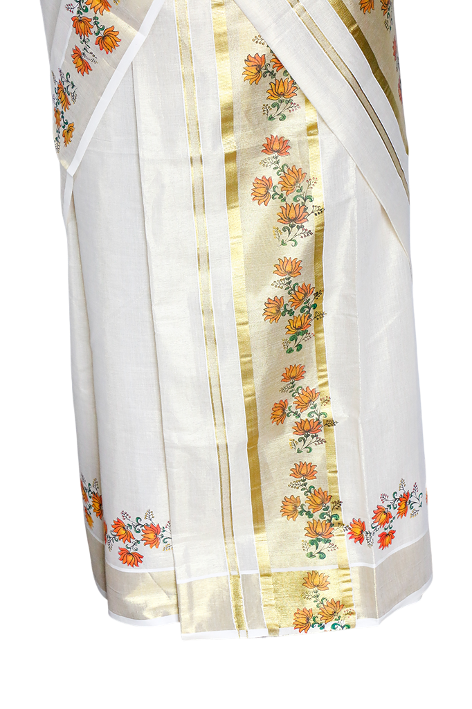 White saree with floral patterns on a white background