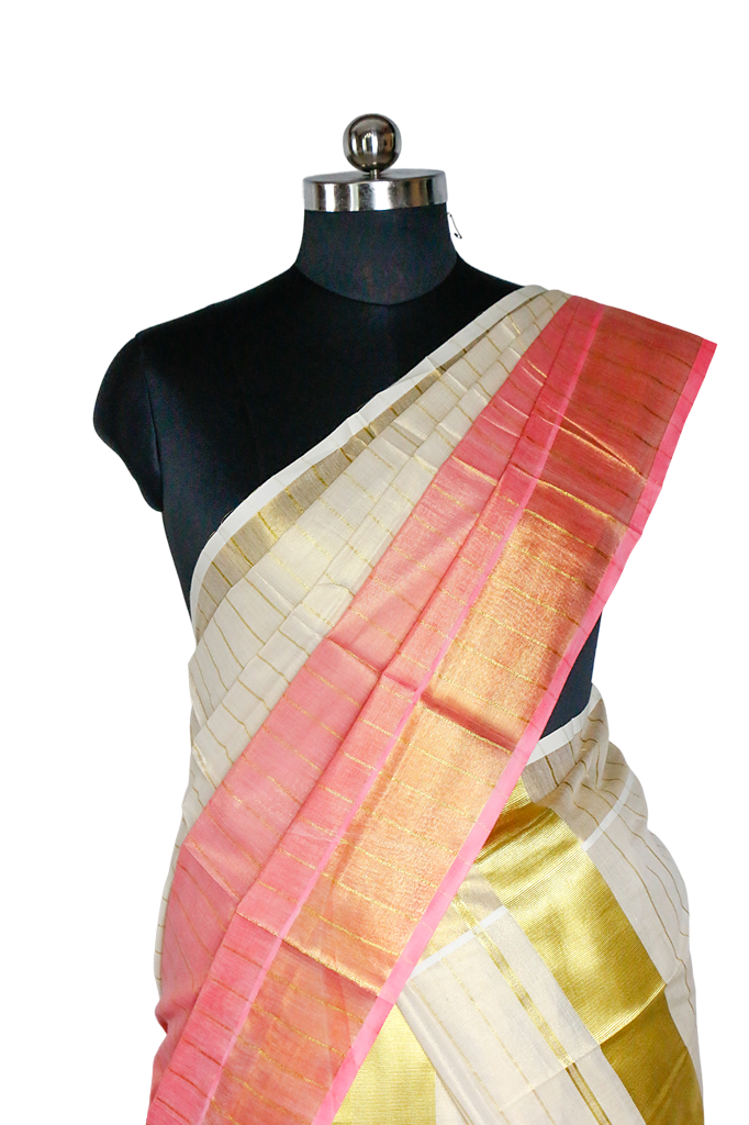 Saree with pink and gold border on a mannequin against a white background