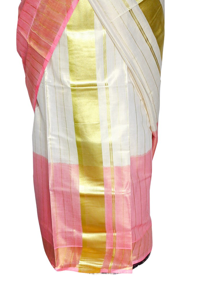 Saree with pink and gold border on a white background
