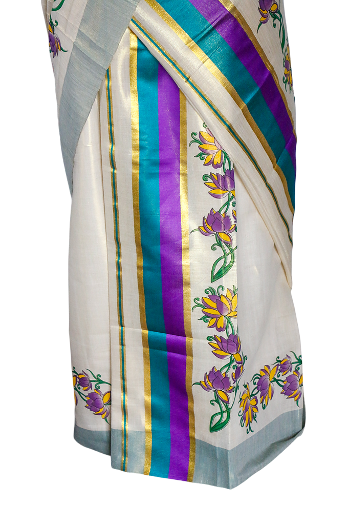 Saree with colorful stripes and floral patterns on a white background