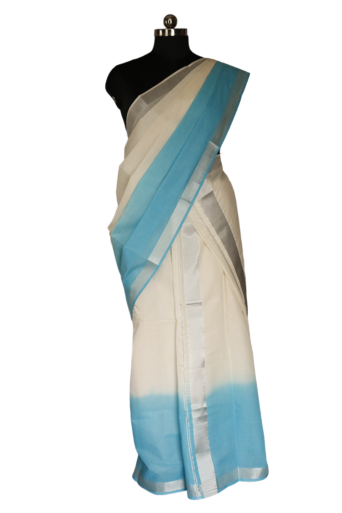 Tie & Dye Blue Cotton Silver Kasavu Set Mundu