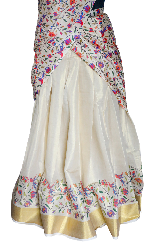 White saree with floral patterns and a colorful border on a white background