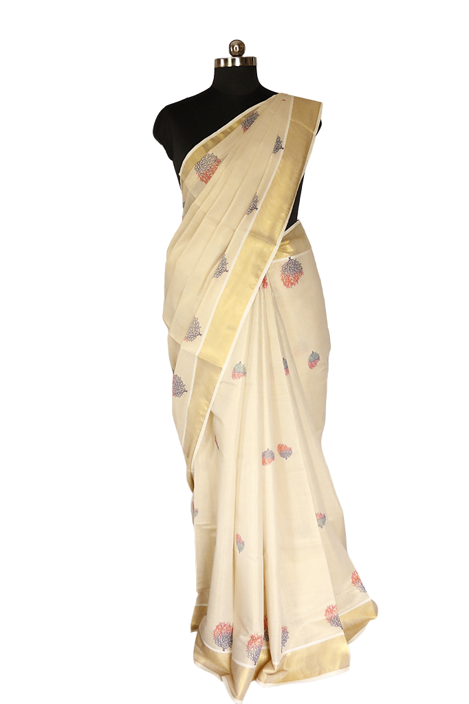 Blue and Pink Coral Printed Kerala Tissue Kasavu Saree