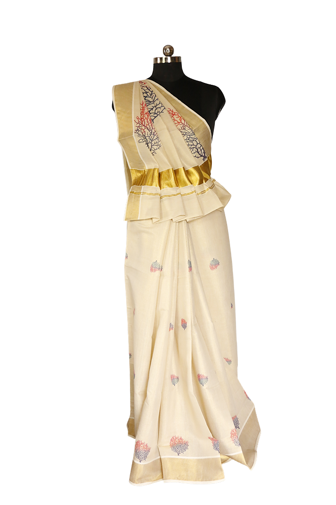 Blue and Pink Coral Printed Kerala Tissue Kasavu Saree
