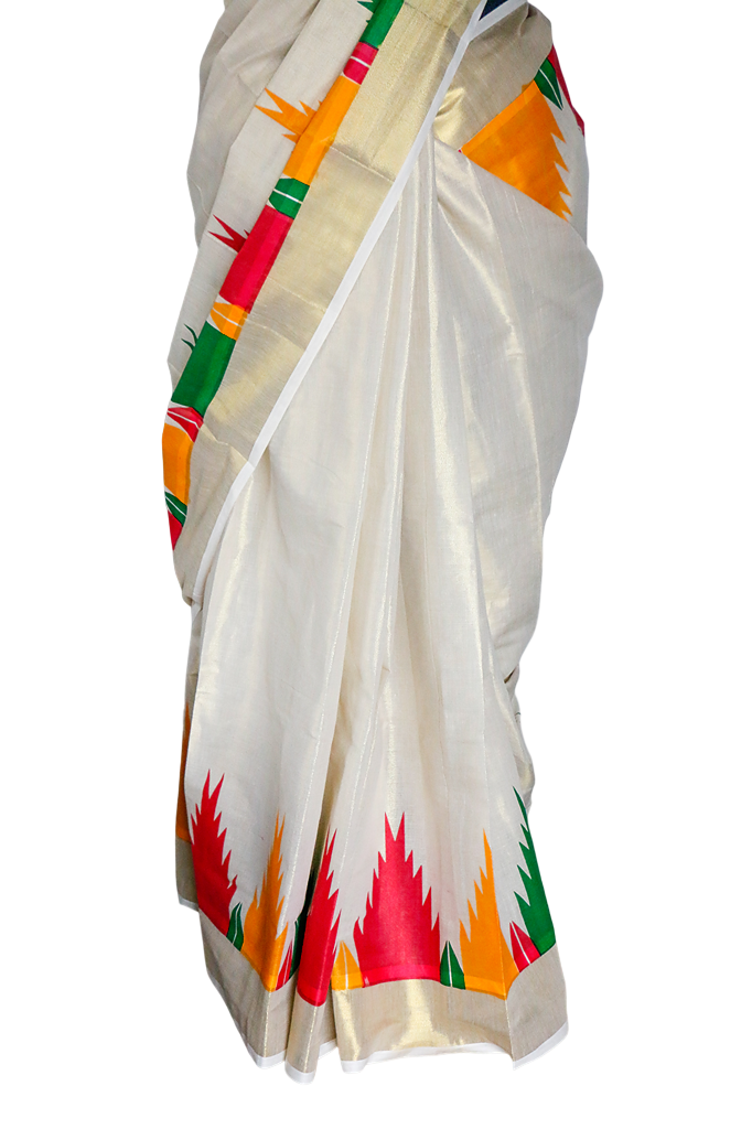 White saree with colorful geometric patterns on a white background