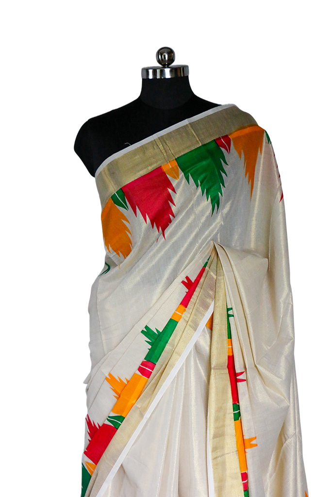 White saree with colorful patterns on a mannequin against a white background
