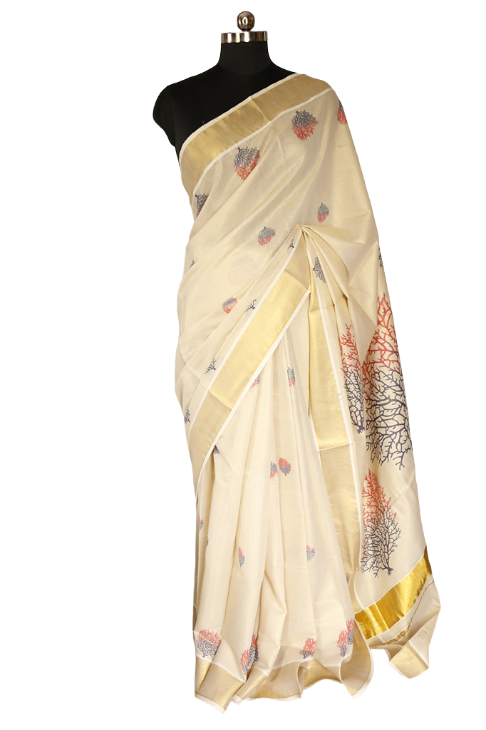 Blue and Pink Coral Printed Kerala Tissue Kasavu Saree