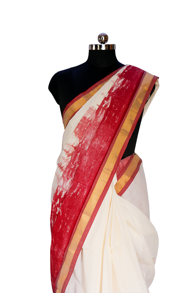 Tie & Dye Kerala Style Cotton Kasavu Saree.(Maroon)