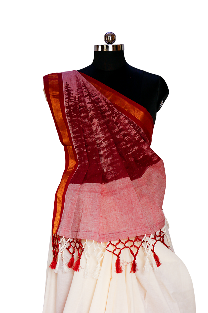 Tie & Dye Kerala Style Cotton Kasavu Saree.(Maroon)