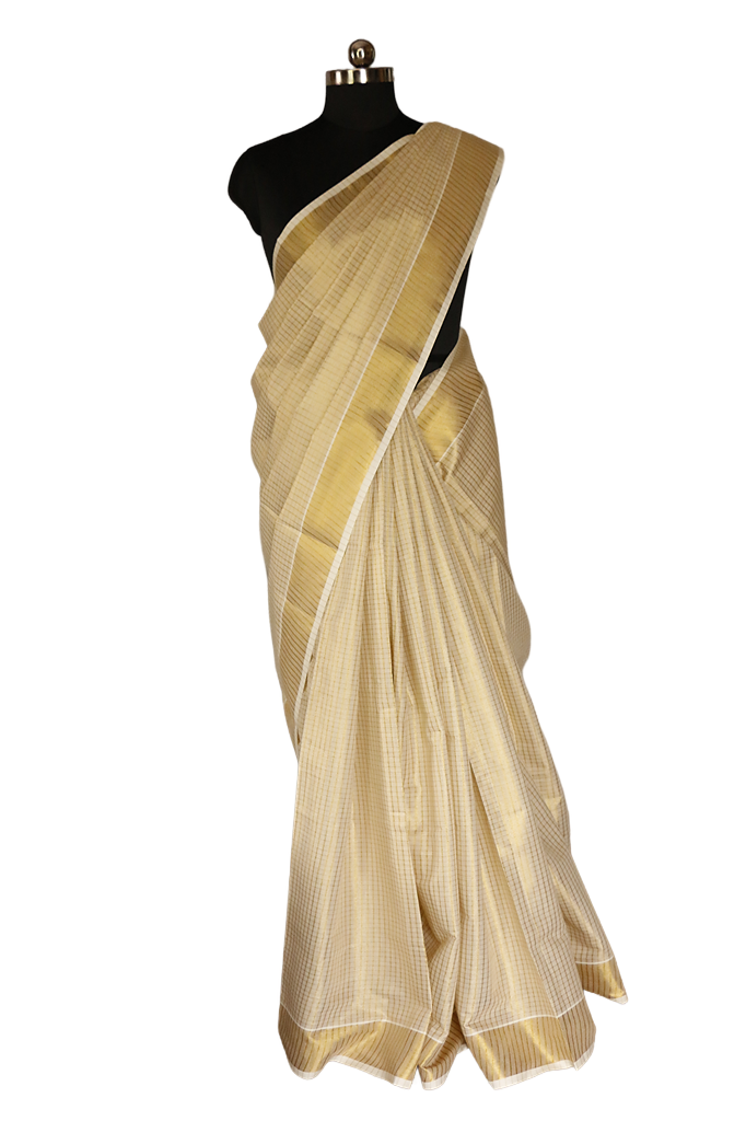 Tiny Checked Kerala Traditional Tissue Kasavu Saree