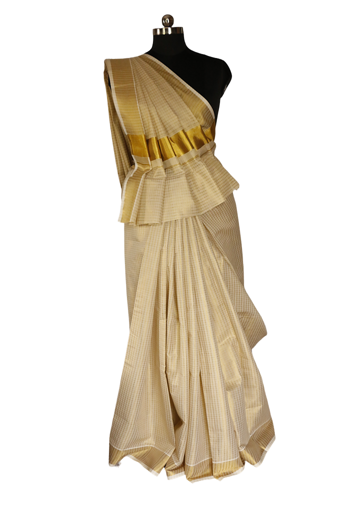 Tiny Checked Kerala Traditional Tissue Kasavu Saree